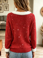 Women's Faux Fur Trim Glitter Knit Holiday Sweater