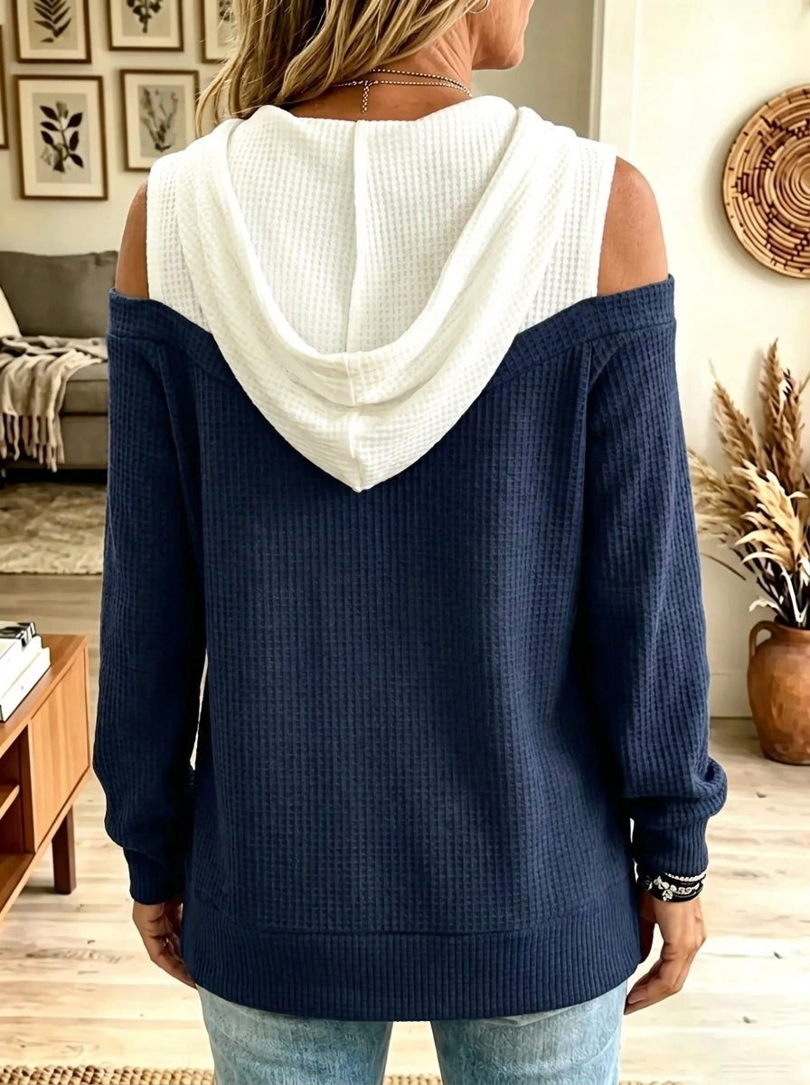 Women's Cold-Shoulder Colorblock Waffle Knit Hoodie