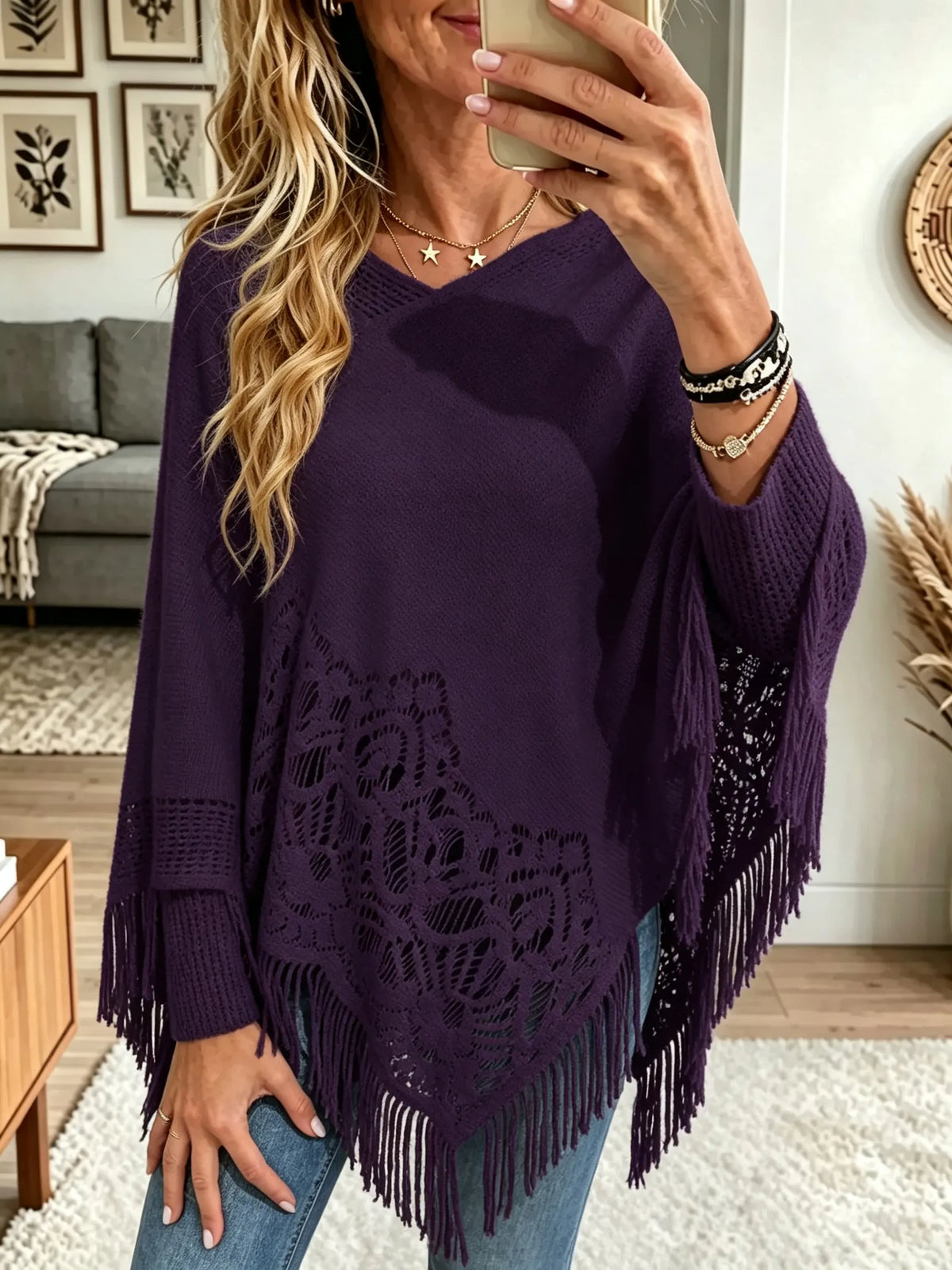 Women's Crochet Lace Cutout Fringe Knit Poncho