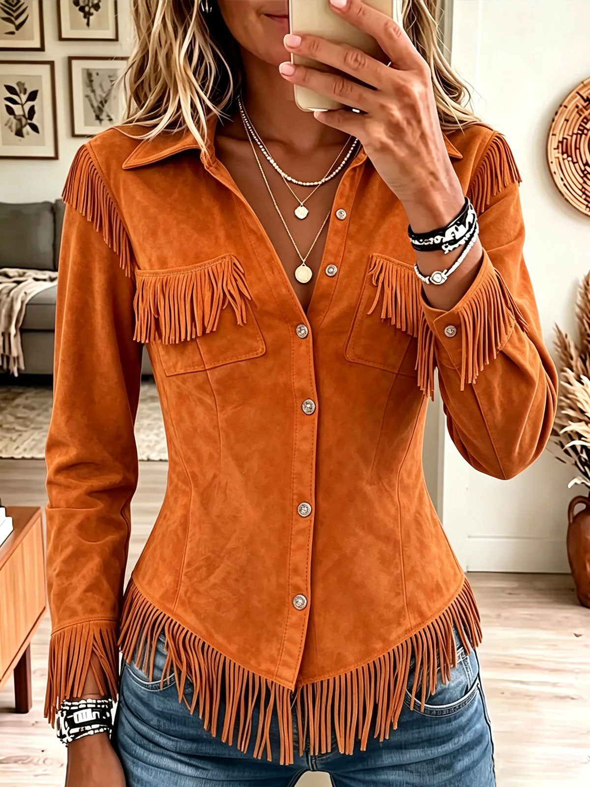 Women Western Faux Suede Fringe Button Down Long Sleeve Shirt