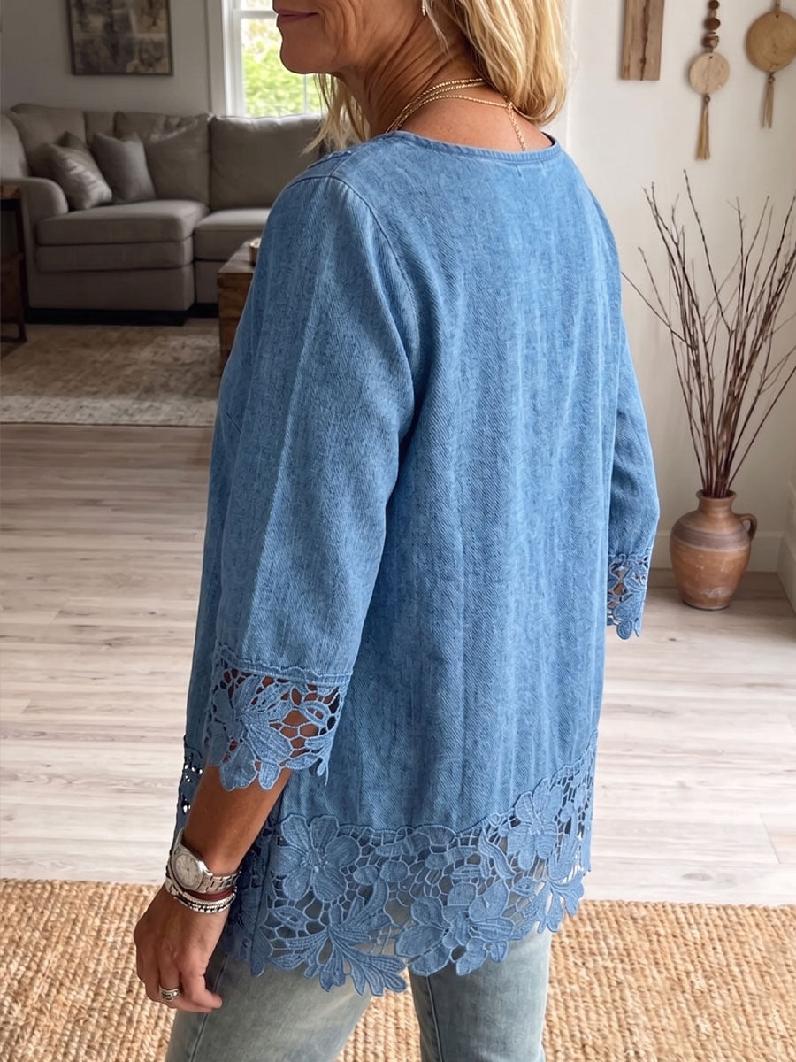🔥Clearance🔥Vintage Elegant Openwork Lace Patchwork Denim Shirt