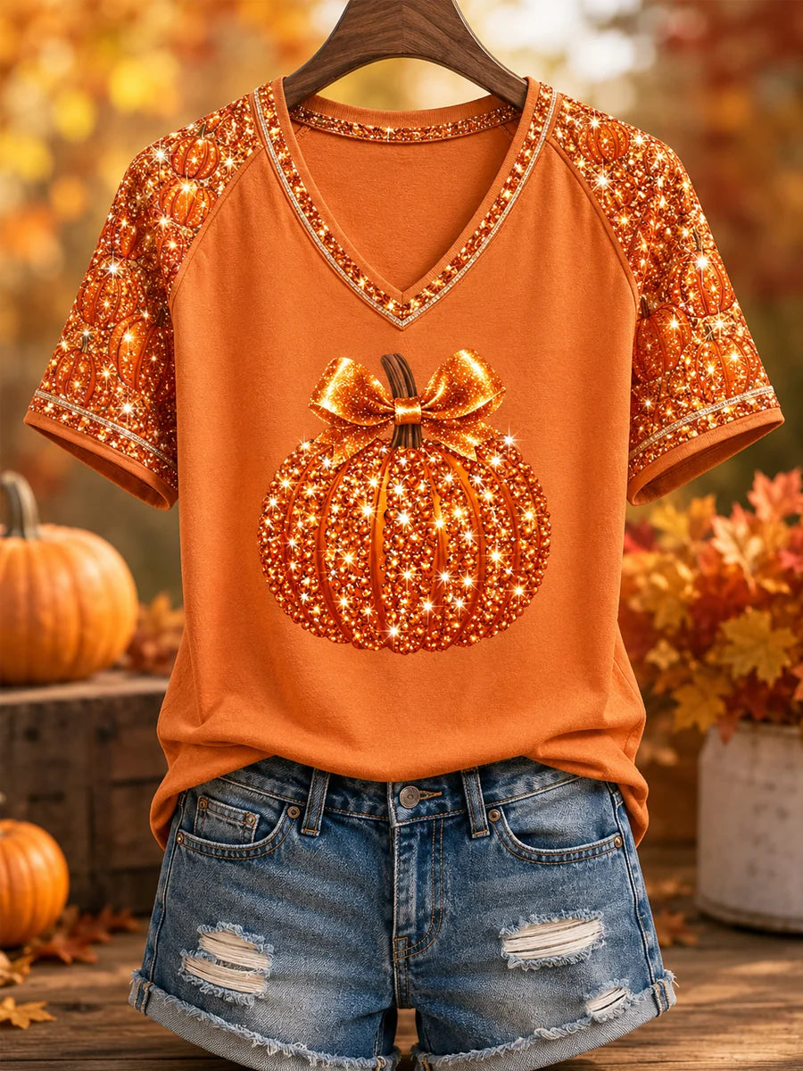 Women's Glitter Bow Pumpkin Raglan V-Neck T-Shirt