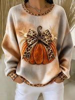 Women Waffle Knit Leopard Bow Pumpkin Fall Crewneck Sweatshirt