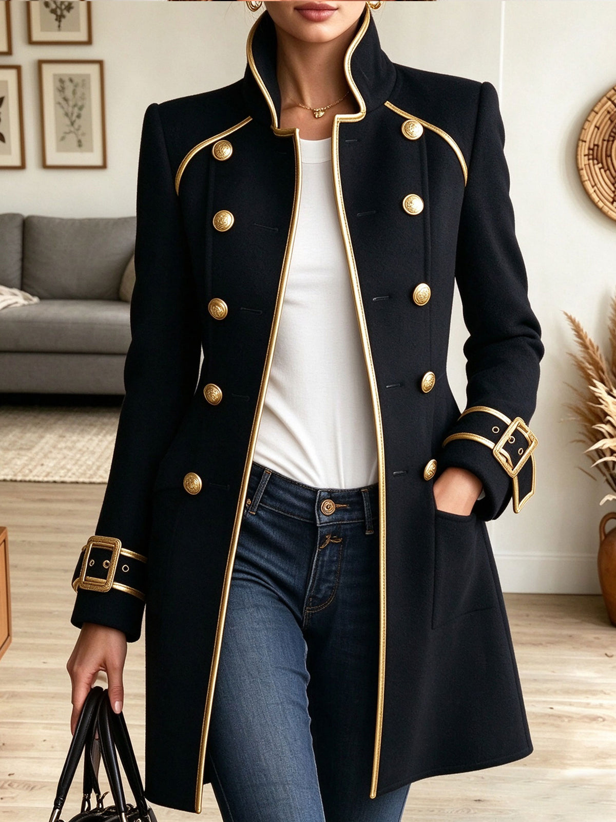Women's Military Style Long Coat Stand Collar Gold Trim Double Breasted Trench