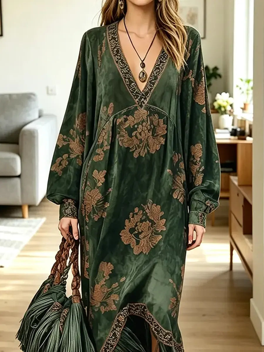 Vintage Floral Pattern Art Fringe Casual Stylish Long Sleeve Dress