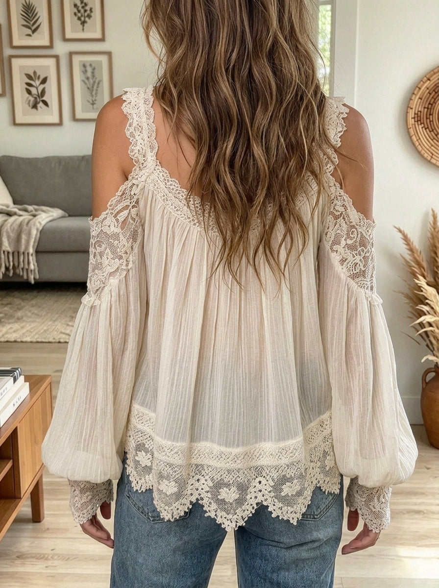 Women's Boho Off Shoulder Crochet Lace Long Sleeve Loose Casual Blouse Tops