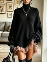 Women's Turtleneck Ruffled Hem Sweater Mini Dress