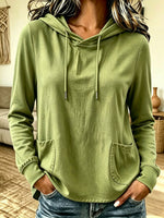 Women Solid Color Drawstring Hooded Long Sleeve Top With Pockets