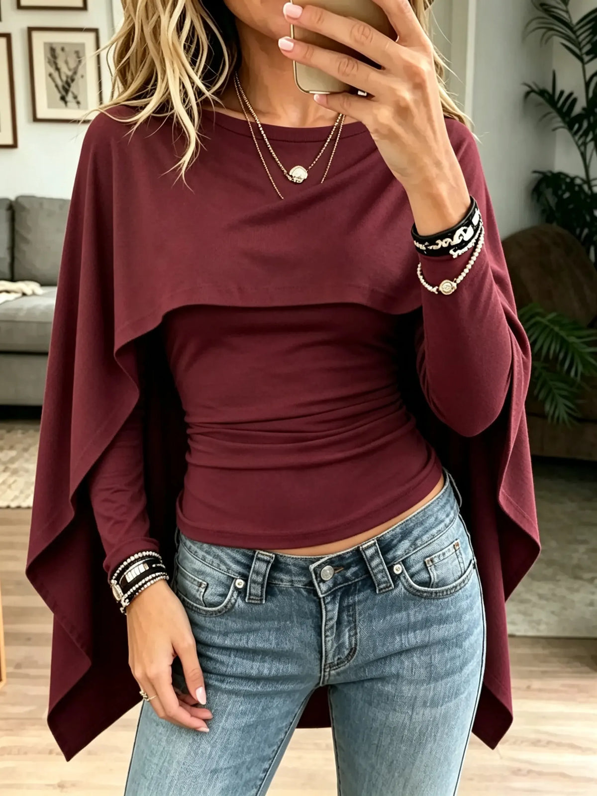 Women's Draped Overlay Long-Sleeve Knit Top