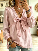 Retro Solid Color Bow Knot Art Casual Long Sleeve Cotton Shirt