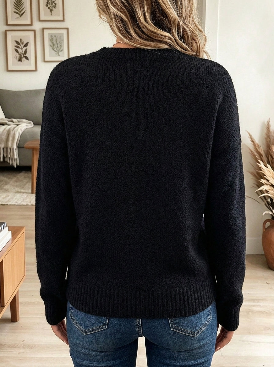 Women's Black Crew Neck Knit Sweater with Silver Sequin Diamond Rhinestone Applique