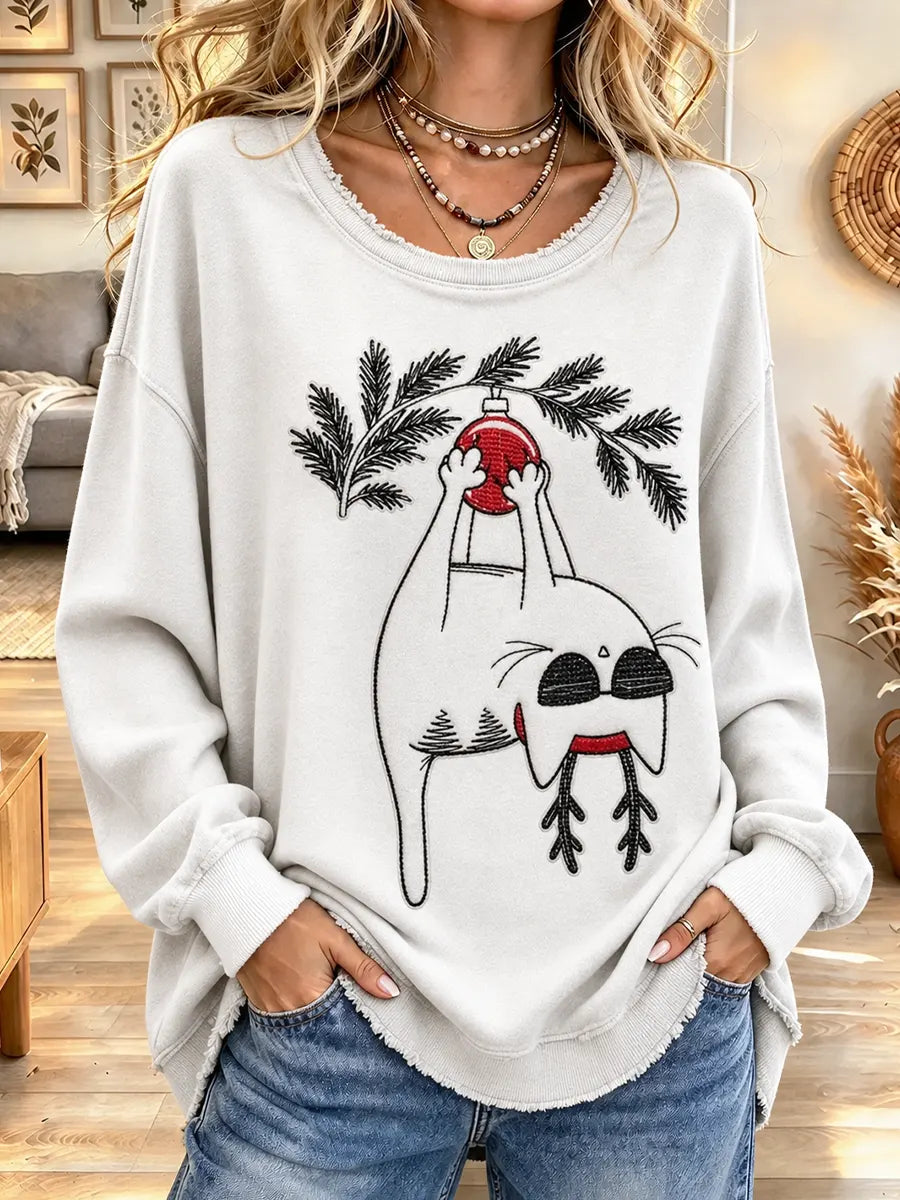 Women's Cute Christmas Cat Print Crew Neck Sweatshirt