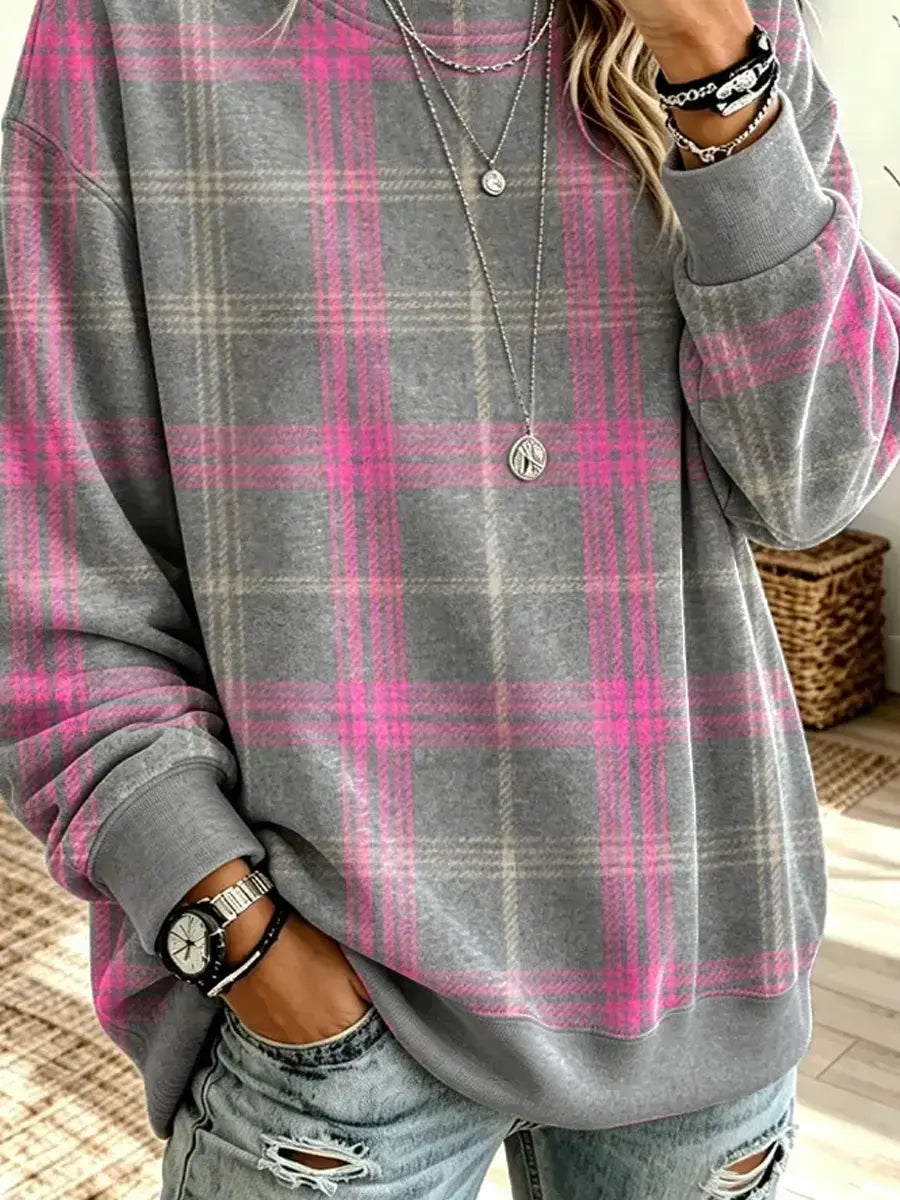 Retro Plaid Pattern Art Print Casual Long Sleeve Sweatshirt