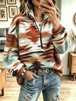 Retro Geometric Pattern Fleece Art Casual Stylish Long Sleeve Zip Coat