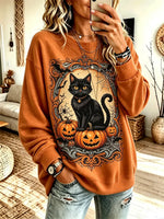 Funny Halloween Cat Pattern Art Print Casual Long Sleeve Sweatshirt