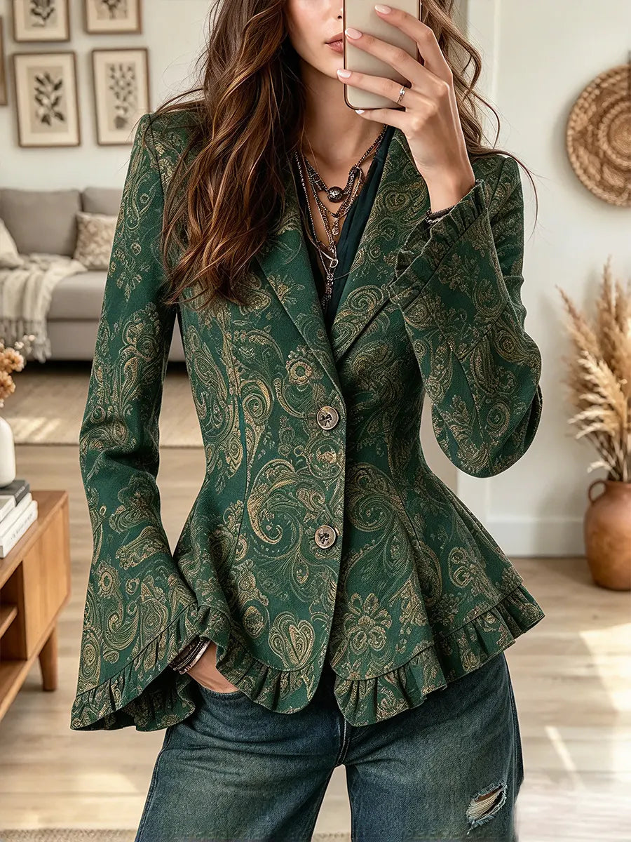 Vintage Elegant Patterned Ruffled Jacket