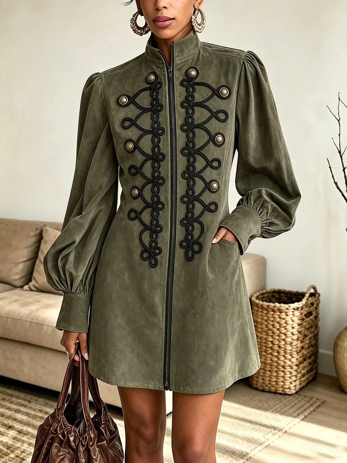 Women's Military Braided Trim Zip-Front Suede Mini Dress