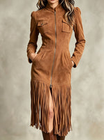 Women Western Faux Suede Zip Front Fringe Midi Dress