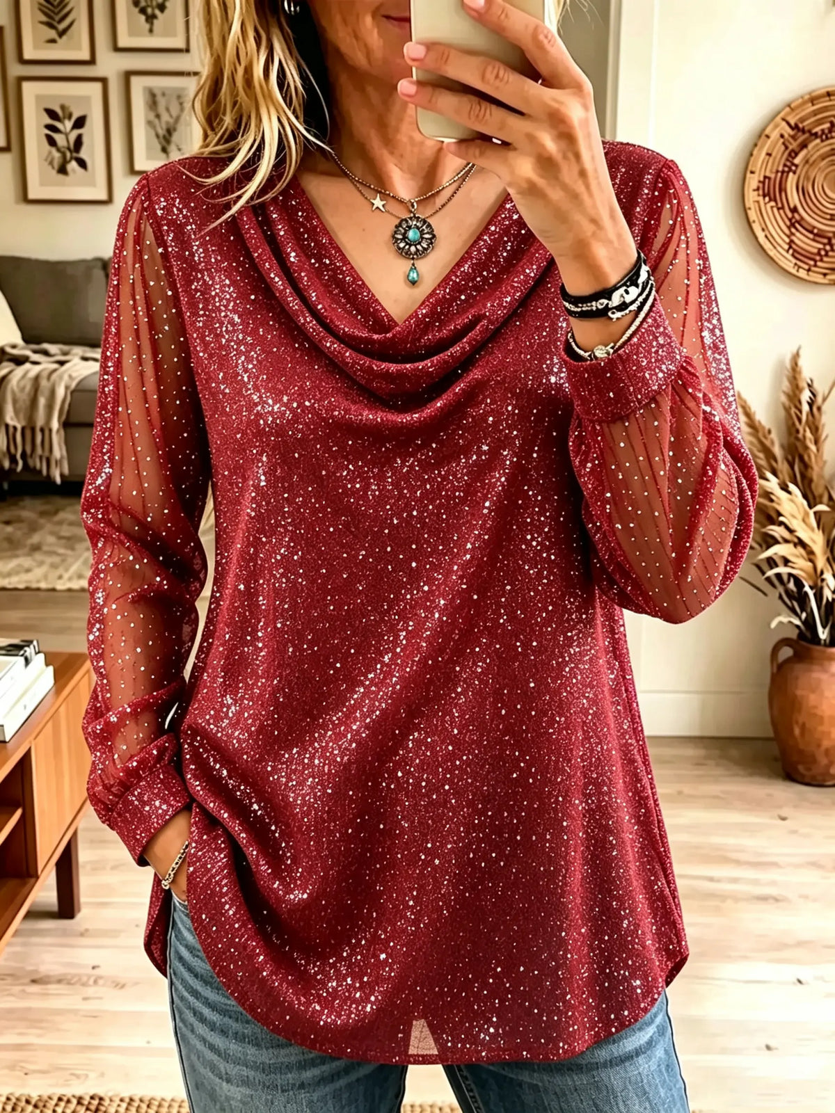 Women's Glitter Cowl Neck Sheer Sleeve Tunic Blouse