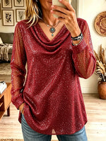 Women's Glitter Cowl Neck Sheer Sleeve Tunic Blouse