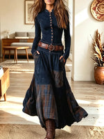 Vintage Plaid Patchwork Art Casual Stylish Long Sleeve Long Dress