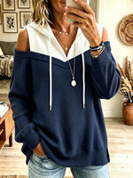 Women's Cold-Shoulder Colorblock Waffle Knit Hoodie