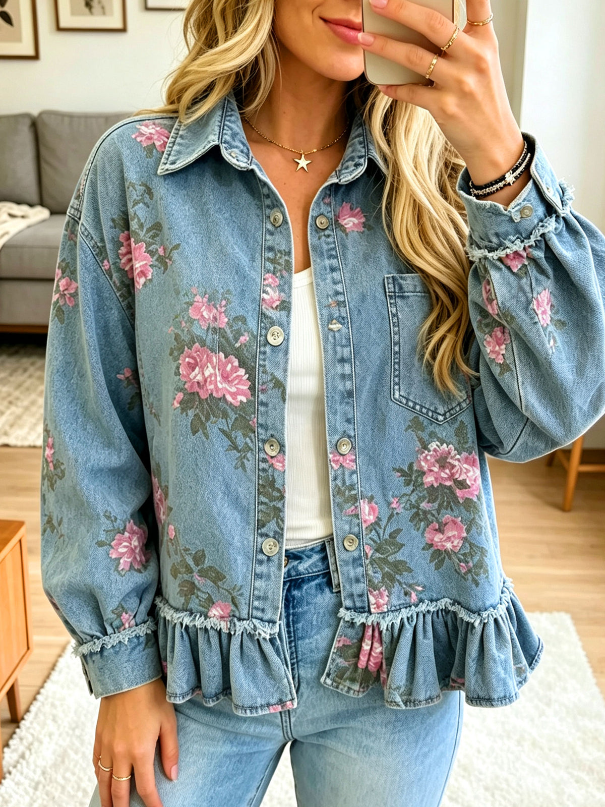 Women Floral Print Ruffle Hem Button‑up Denim Jacket