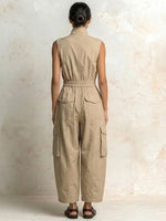 Women Sleeveless Zip Front Elastic Waist Cargo Wide Leg Jumpsuit