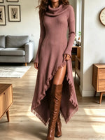 Vintage Fringe Art Casual Stylish Asymmetrical Hem Long Sleeve Knitted Dress