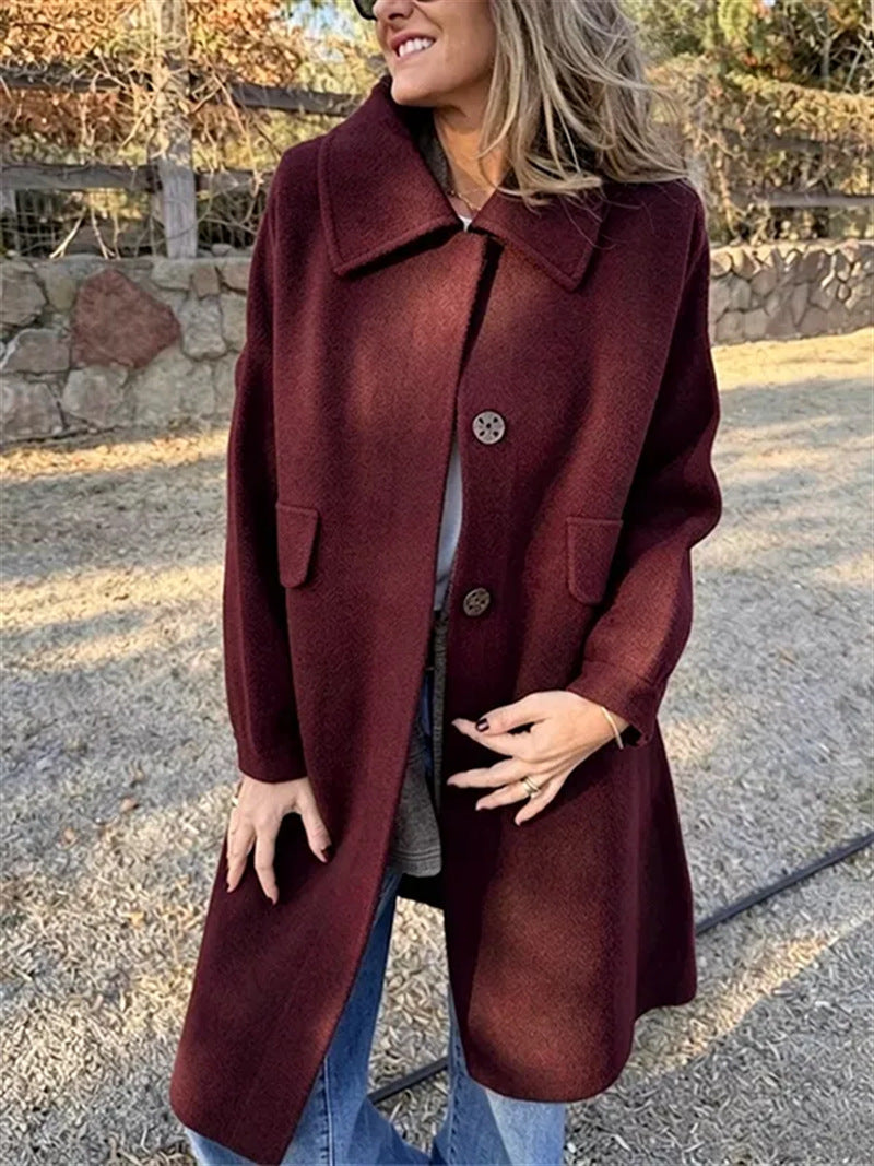 Women Dusty Purple Wide Collar Single Breasted Mid Length Wool Coat