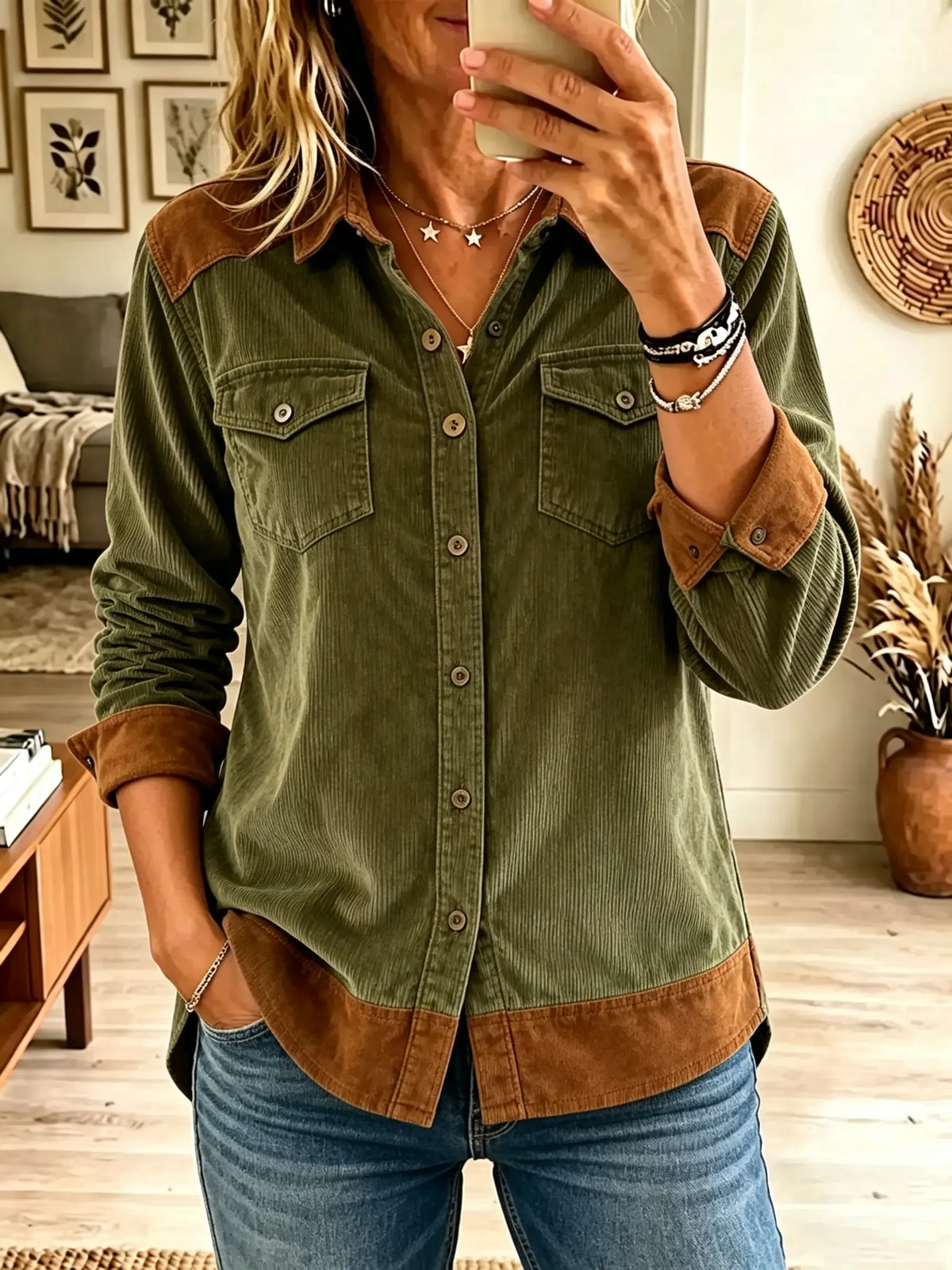 Women's Colorblock Suede Trim Corduroy Shirt