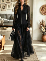 Women's Zip-Front Floral Lace Maxi Shirt Dress