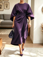 Women Elegant Red Batwing Sleeve Belted Midi Dress