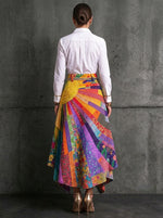 Women Bohemian Patchwork Asymmetrical Midi Skirt with Tassel Tie Waist