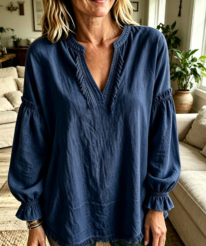 Women Boho Fringe V‑Neck Puff Long Sleeve Blouse Top
