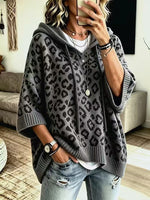 Women Leopard Print Drawstring Hooded Half‑Sleeve Knit Sweater