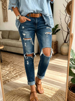 Women Distressed Ripped Cuffed Ankle Skinny Jeans Casual Stretch Denim Pants