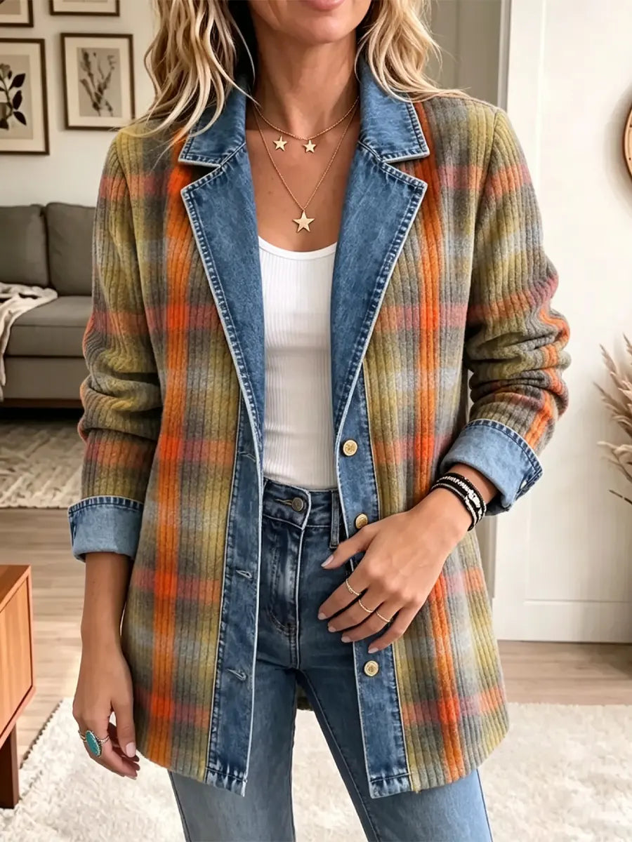 Retro Plaid Pattern Art Casual Denim Patchwork Stylish Long Sleeve Coat