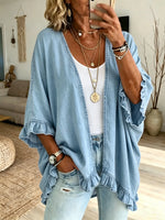 Women Solid Washed Denim Ruffle Cardigan