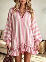 Women's Striped Half-Zip Ruffle Hem Sweatshirt Dress