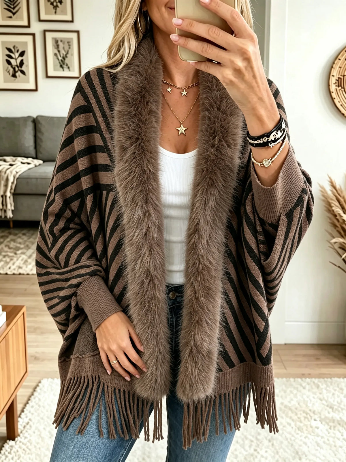 Women's Striped Faux Fur Collar Fringe Poncho Cardigan