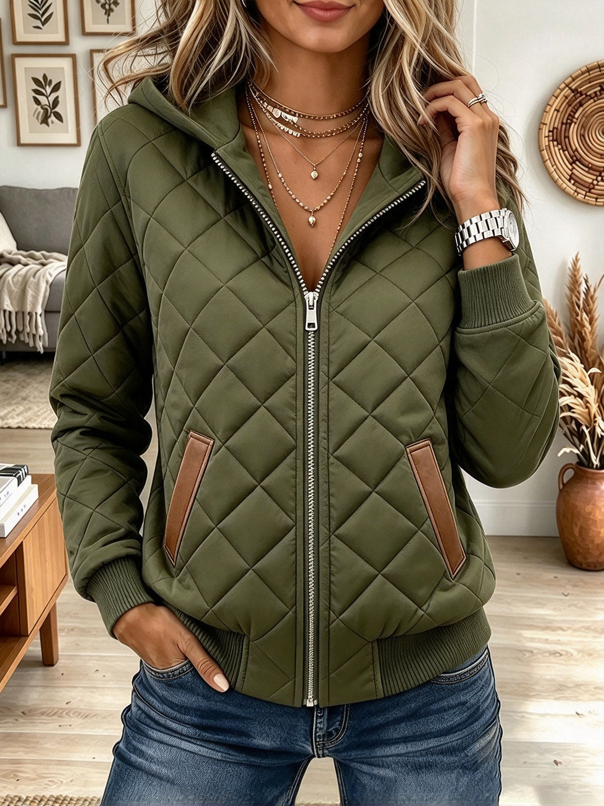Women's Olive Green Quilted Hooded Bomber Jacket with Faux Leather Trim