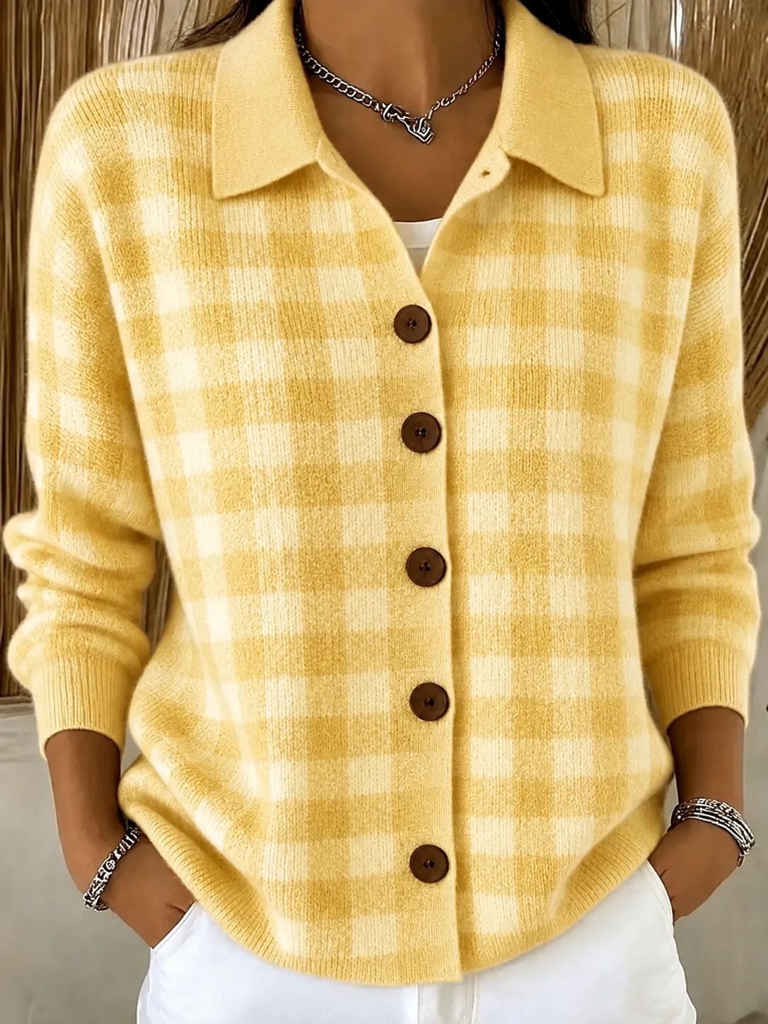 Women Light Blue Gingham Collared Button Knit Cardigan