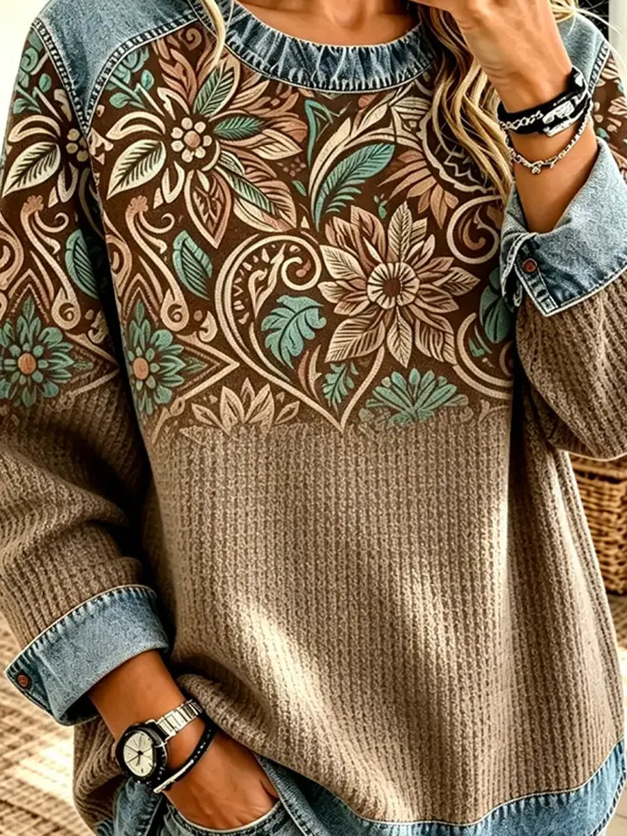 Retro Floral Pattern Art Print Casual Long Sleeve Denim Patchwork Shirt