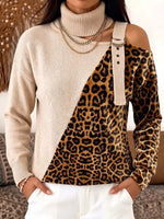 Vintage Leopard Patchwork Turtleneck Art Casual Stylish Long Sleeve Sweater