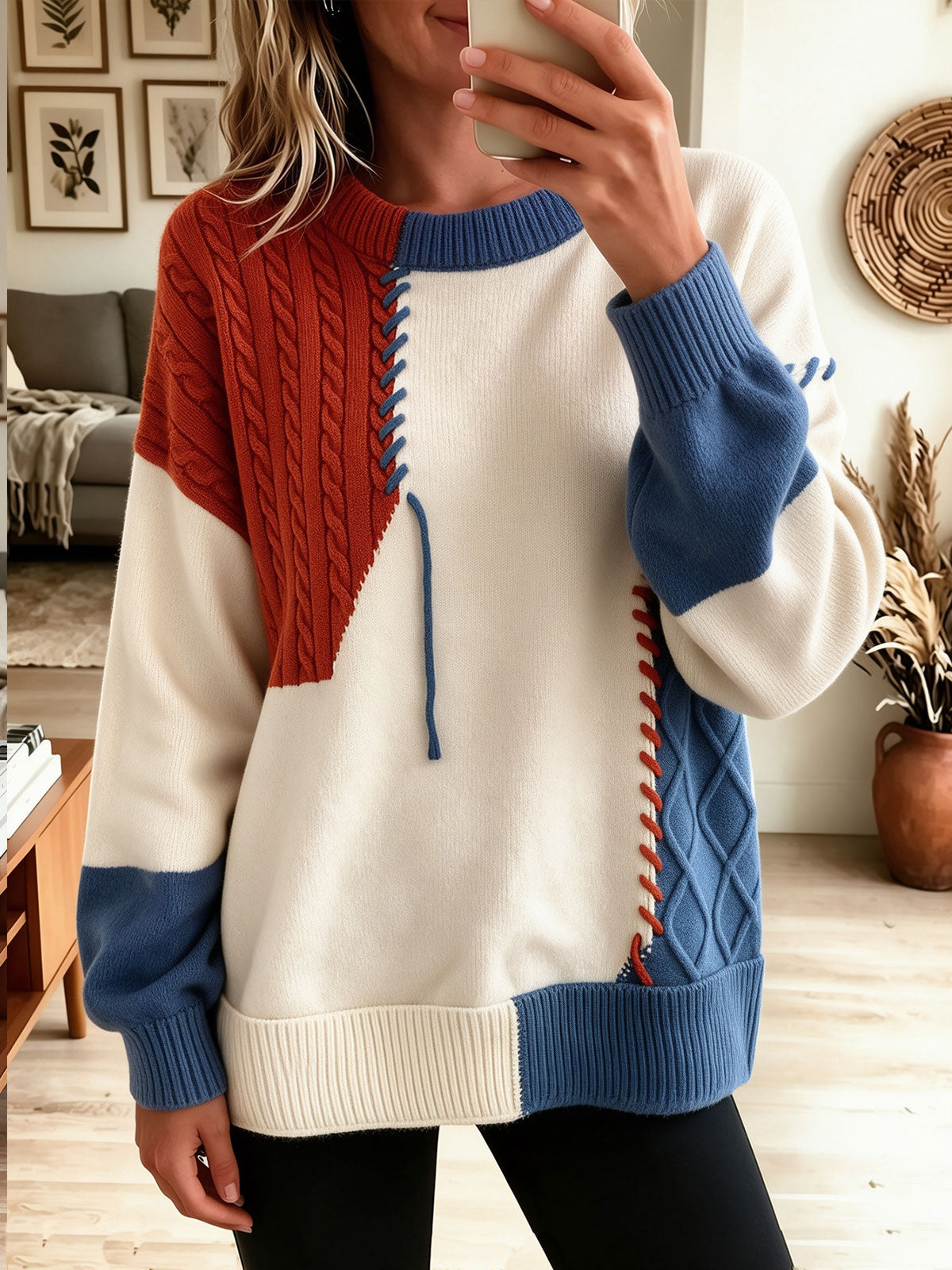 omen Color Block Lace-up Cable Knit Loose Sweater