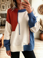 omen Color Block Lace-up Cable Knit Loose Sweater