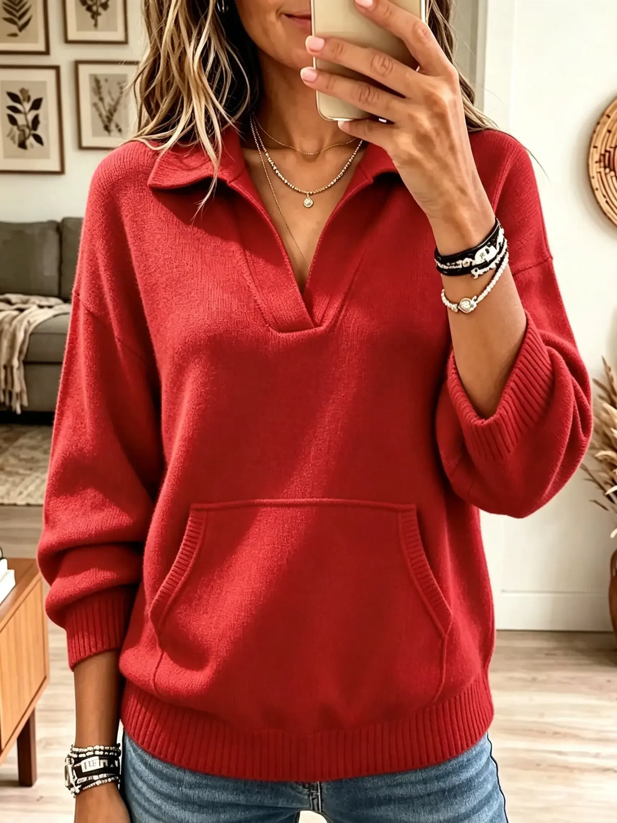 Women's Split Polo Collar Pocket Sweater