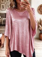 Metallic Shine Flowy 3/4 Sleeve Round Neck Tunic Top