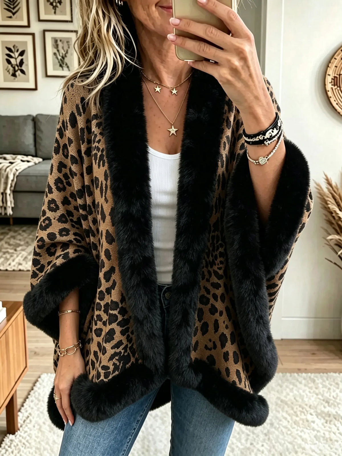 Women's Leopard Print Faux Fur Trim Cape Cardigan
